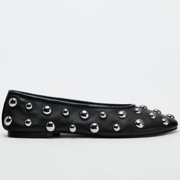ZARA Studded Leather Black Ballet Flats - Picture 1 of 9